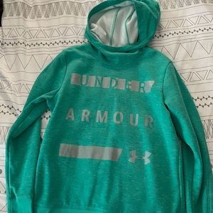 Teal loose UA hoodie with metallic lettering